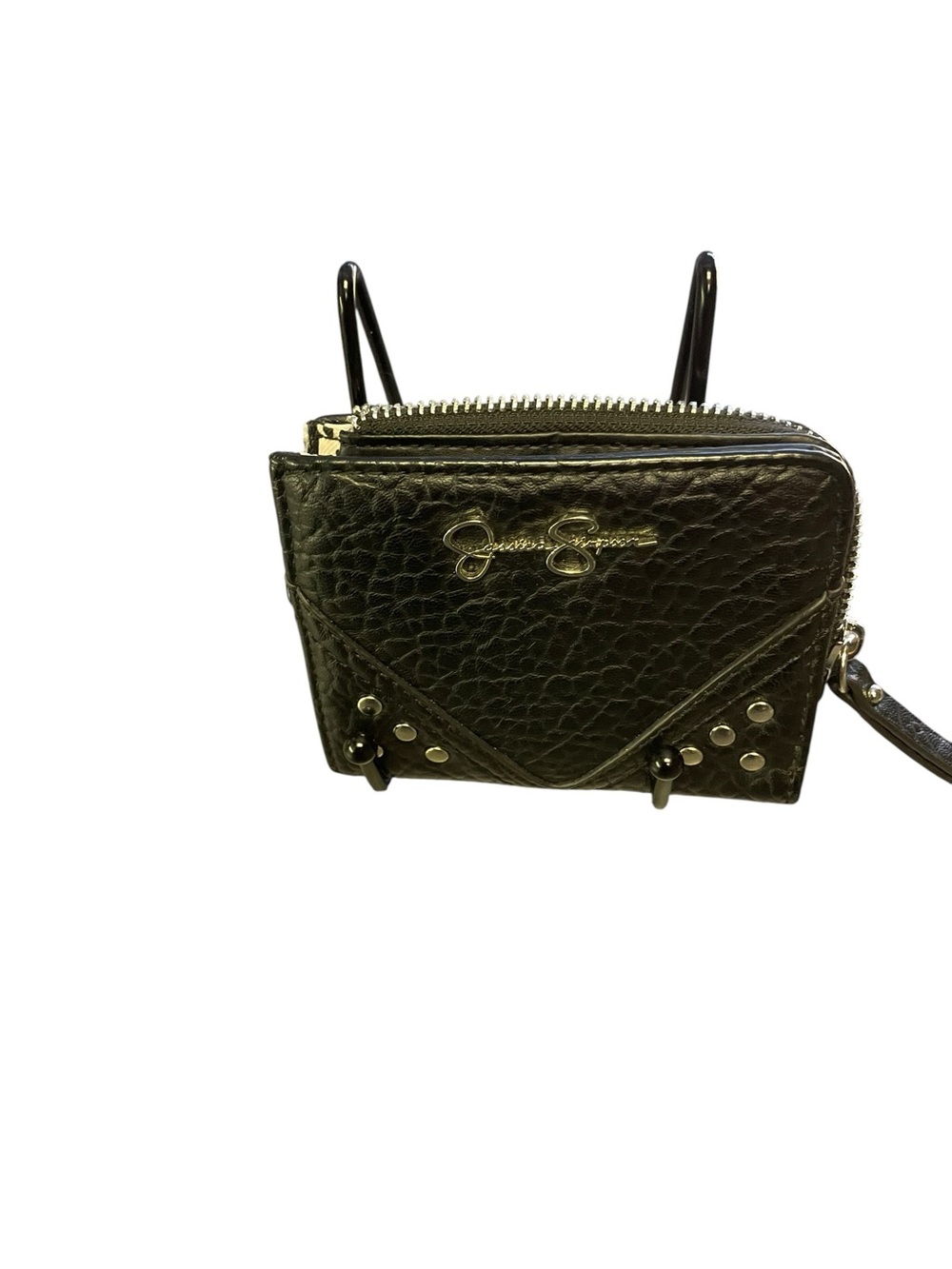 Jessica Simpson Black Pebbled Leather Zip-Around Wristlet Wallet with Studs